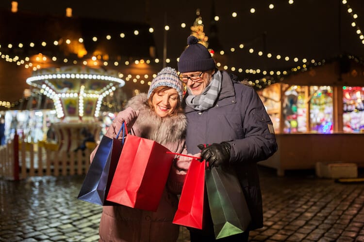 Senior couple shopping for holiday gifts in Red Bank.
