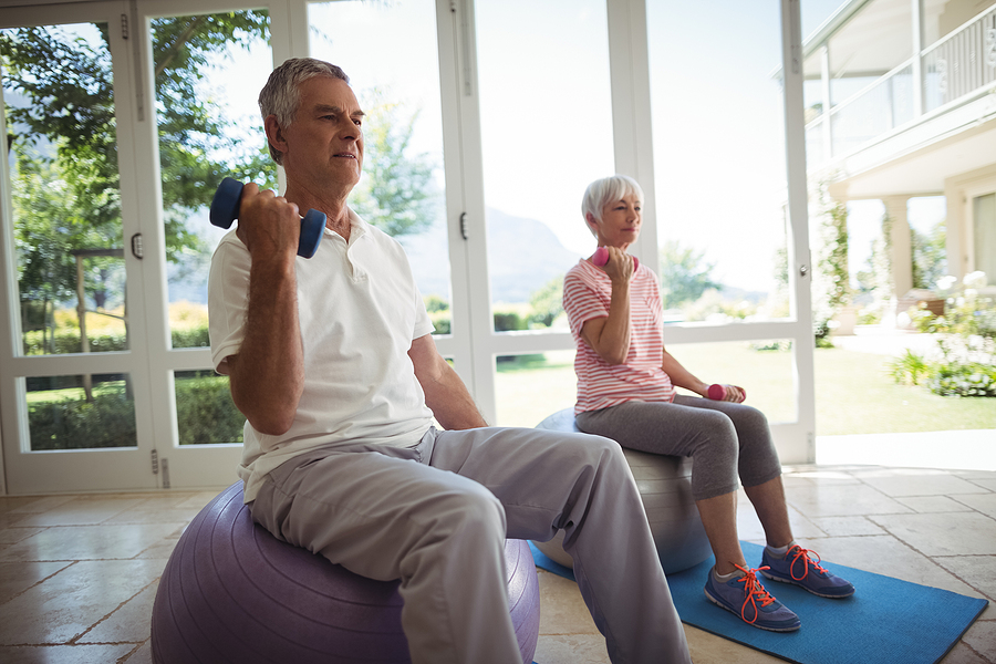 Senior couple performing balance exercises