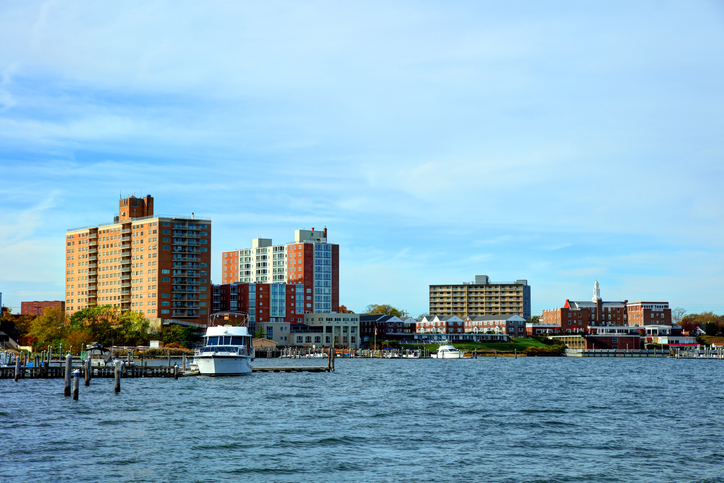 Navesink Harbor with boats and Red Bank skyline